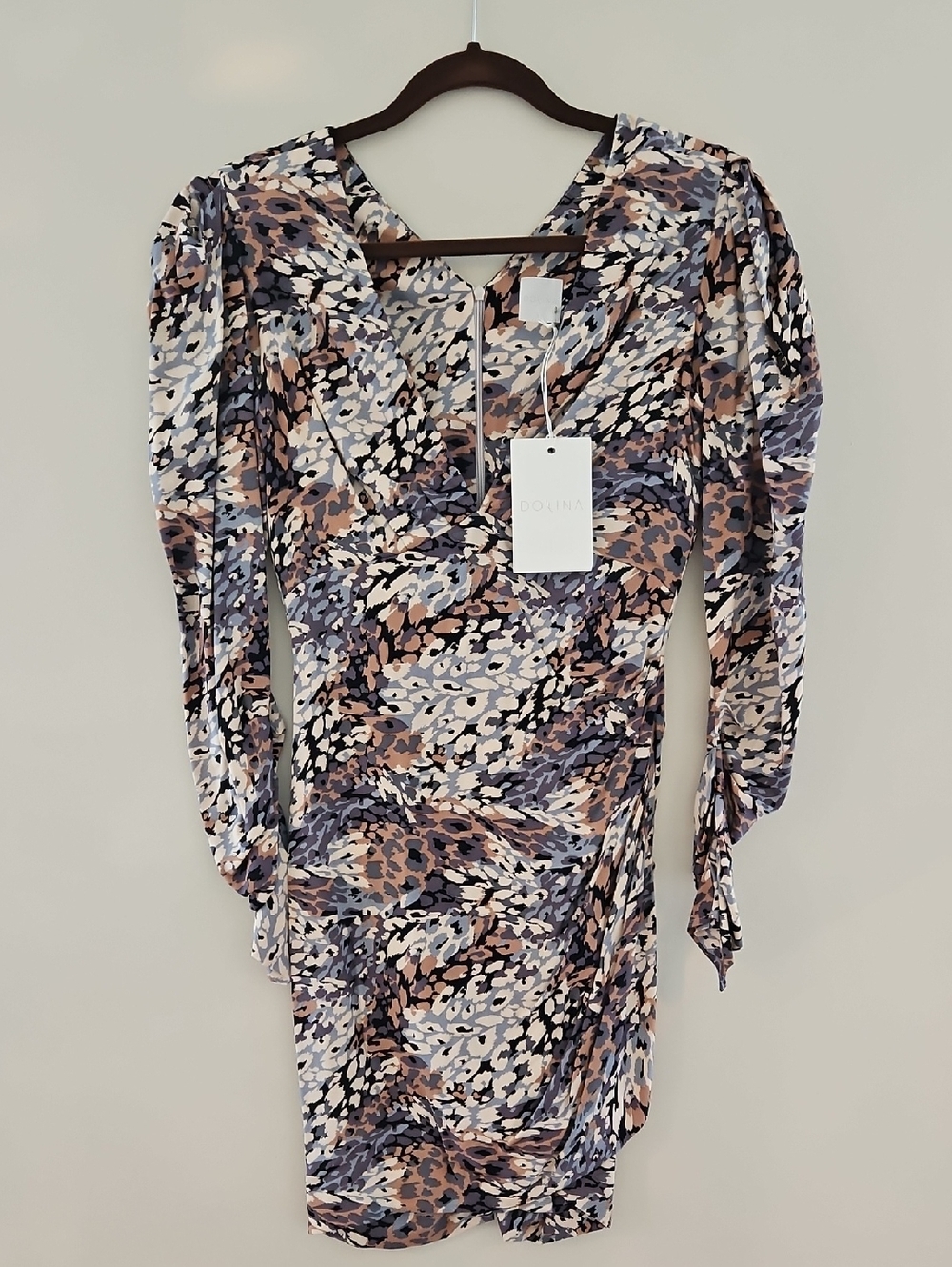 Designer Women's Printed Long-Sleeve, V neck Dress in Neutral colours. Size S.